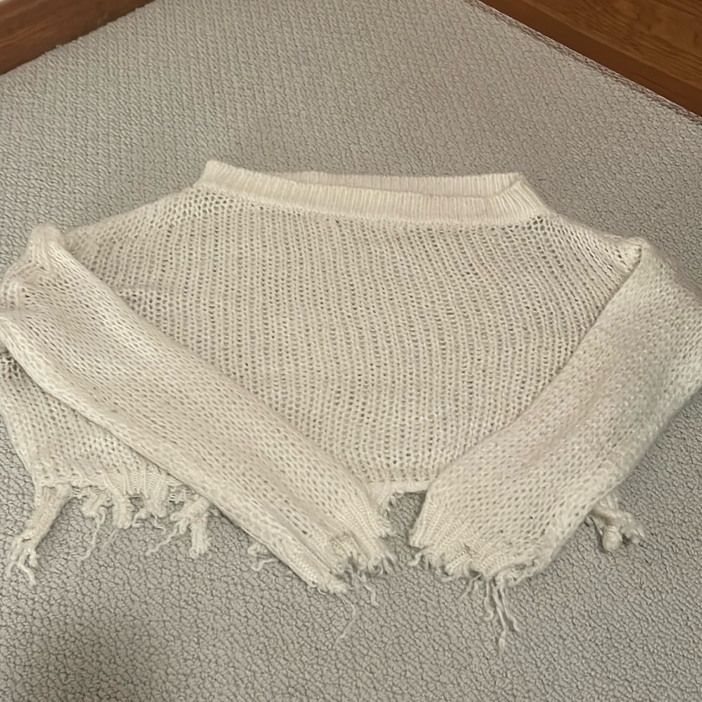 off the shoulder crop white sweater distressed edges